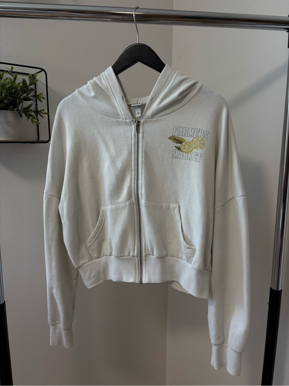 Lux White Cropped Zip Hoodie with Farmers Market Graphic